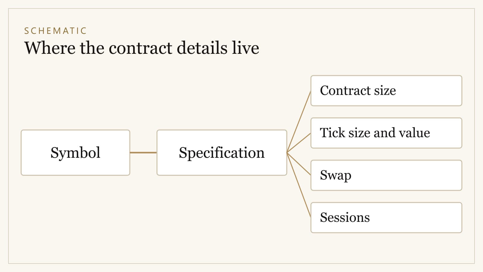 Diagram showing Symbol leading to Specification, which branches into contract size, tick size and value, swap, and sessions