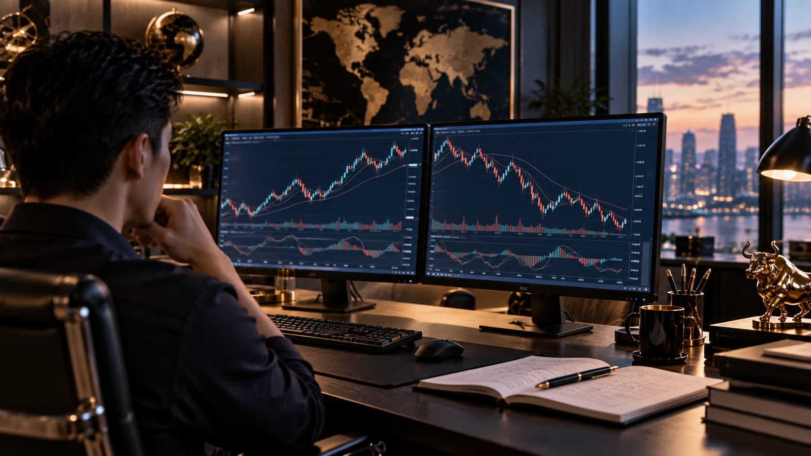 A person looking at two monitors, one chart moving up and the other moving down