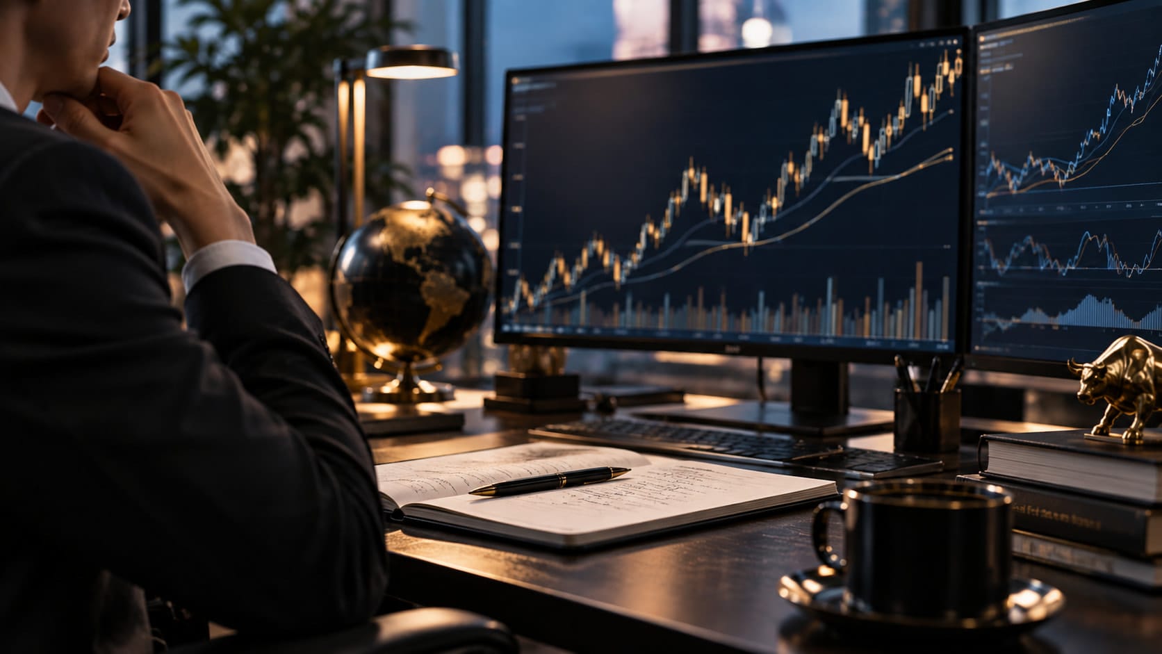 A person studying candlestick charts on two monitors at a desk in the evening