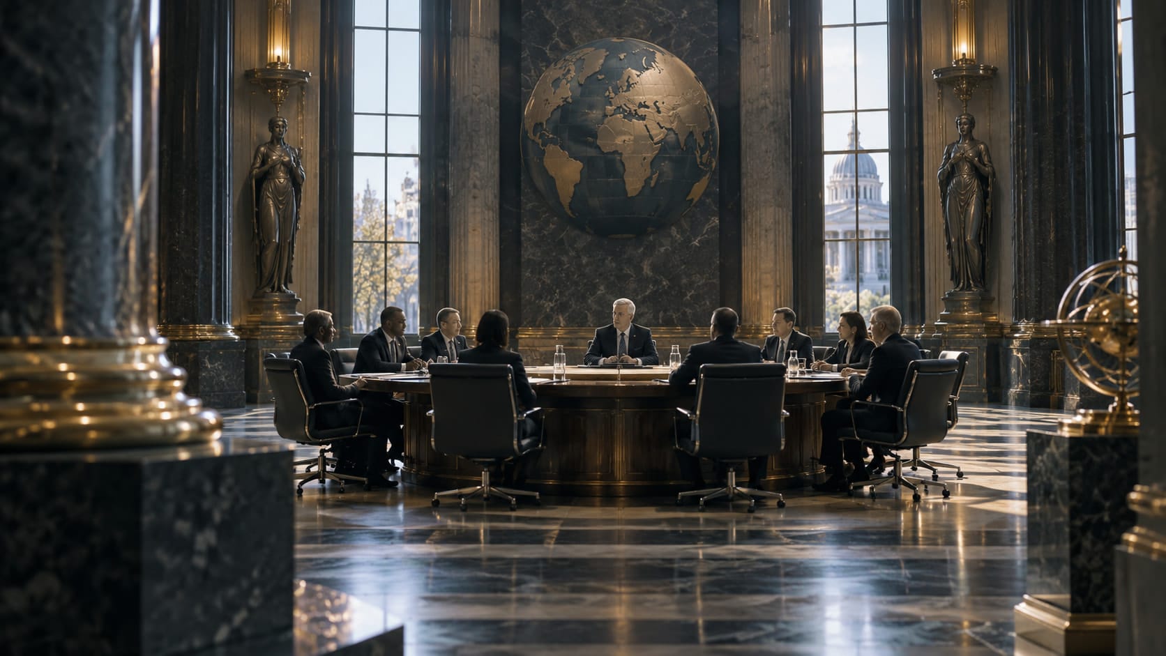 People meeting around a long table in a grand hall with marble columns and a large globe