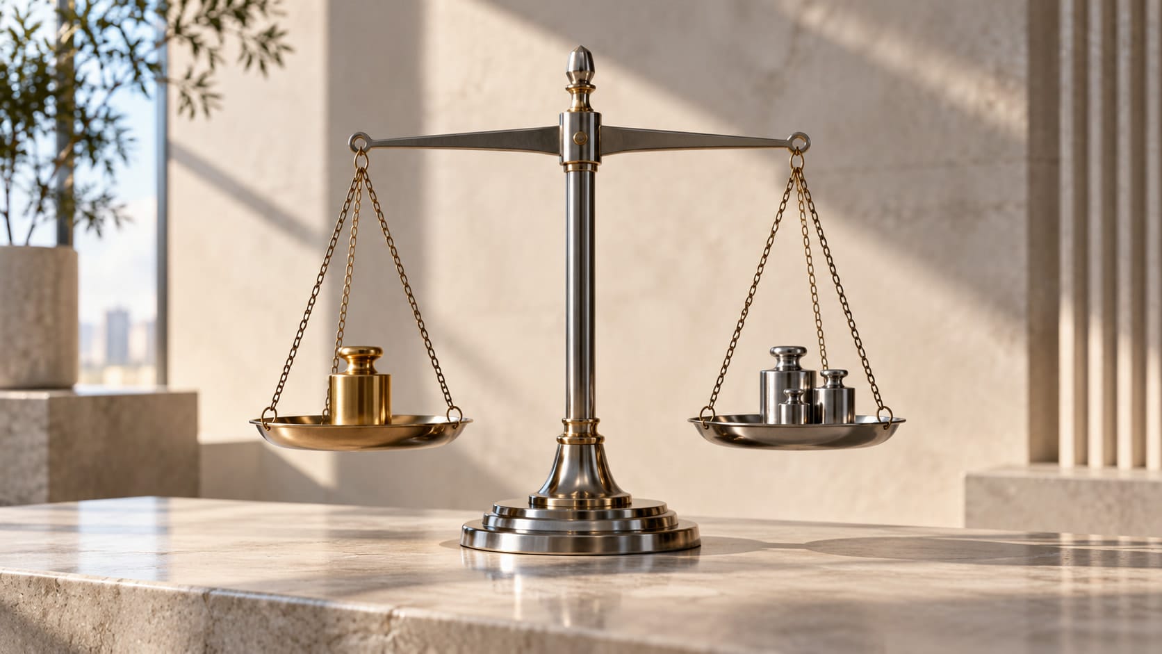 A balance scale on a marble surface with a gold weight on one pan and steel weights on the other