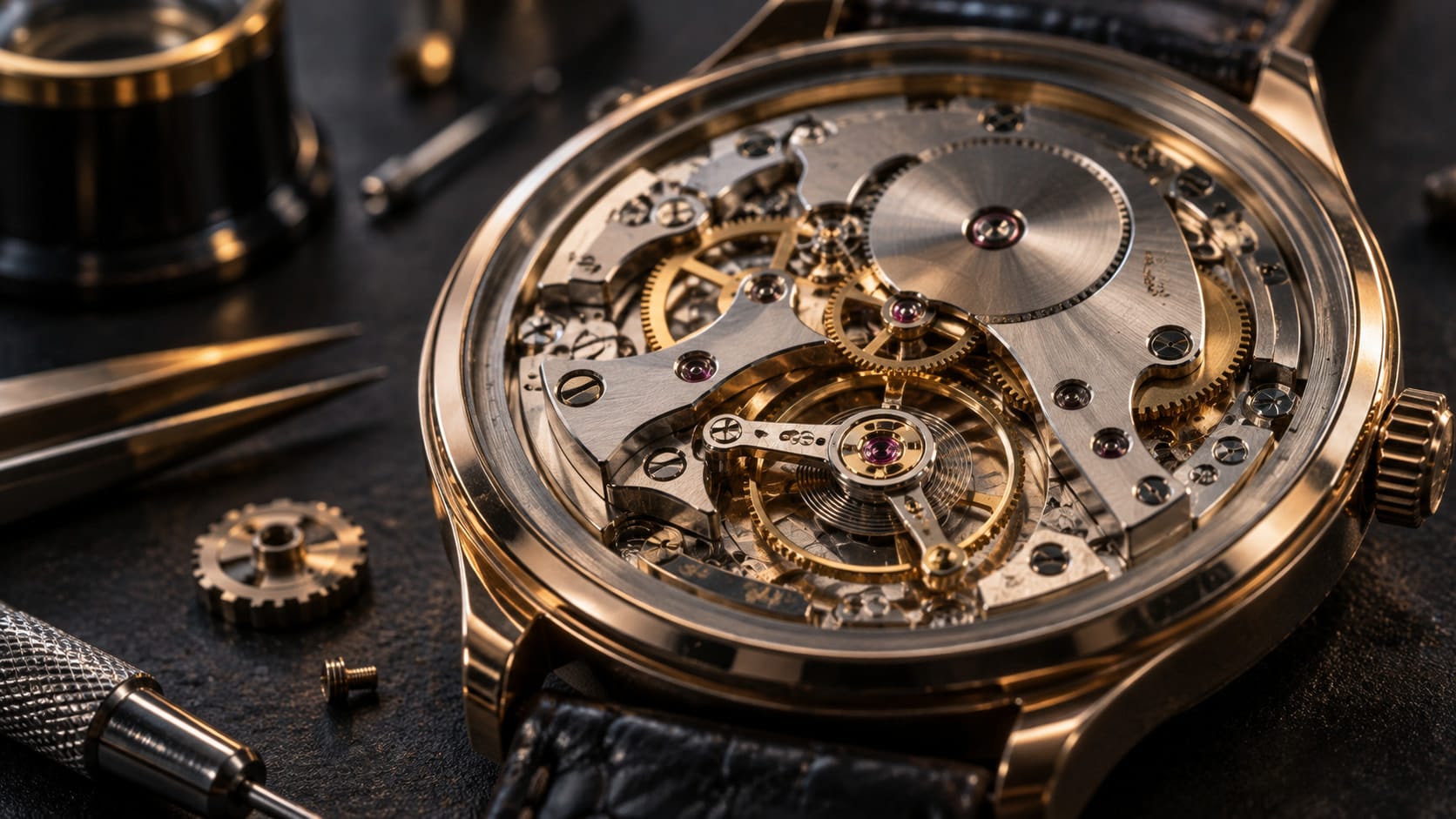 Close-up of the exposed gold and steel movement of a mechanical watch