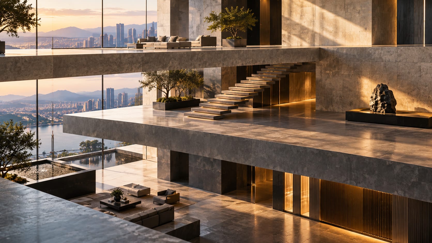 Stepped stone terraces and floating concrete levels in a modern building overlooking a city