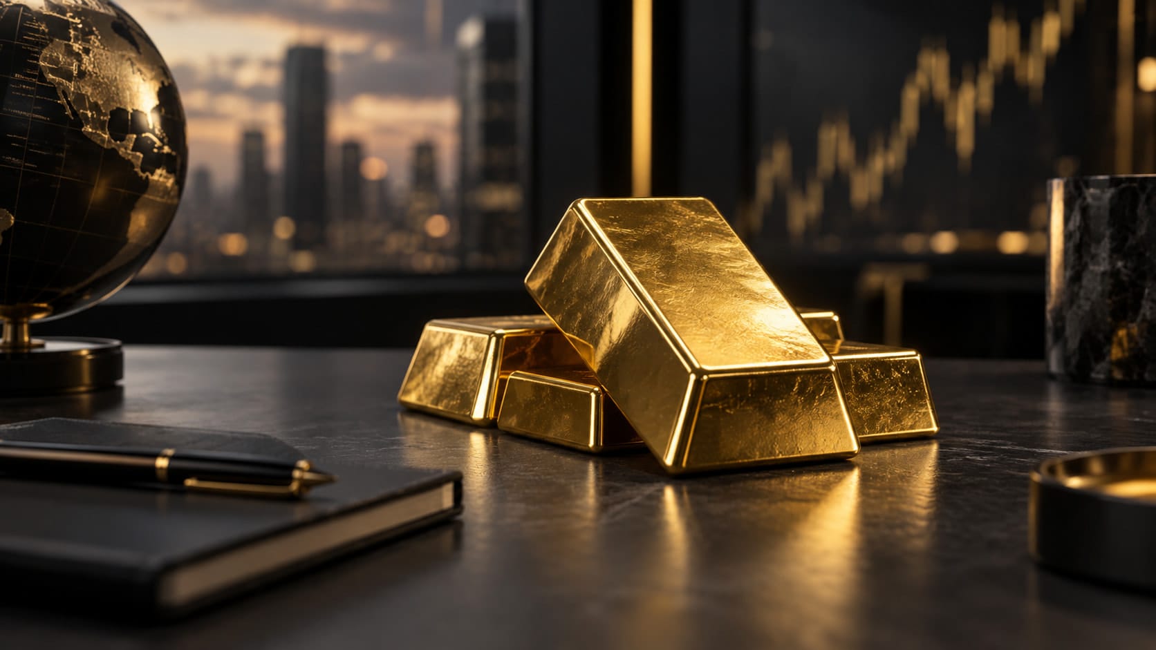 Gold bars on a dark desk beside a notebook and pen, with a city skyline and a glowing chart line behind