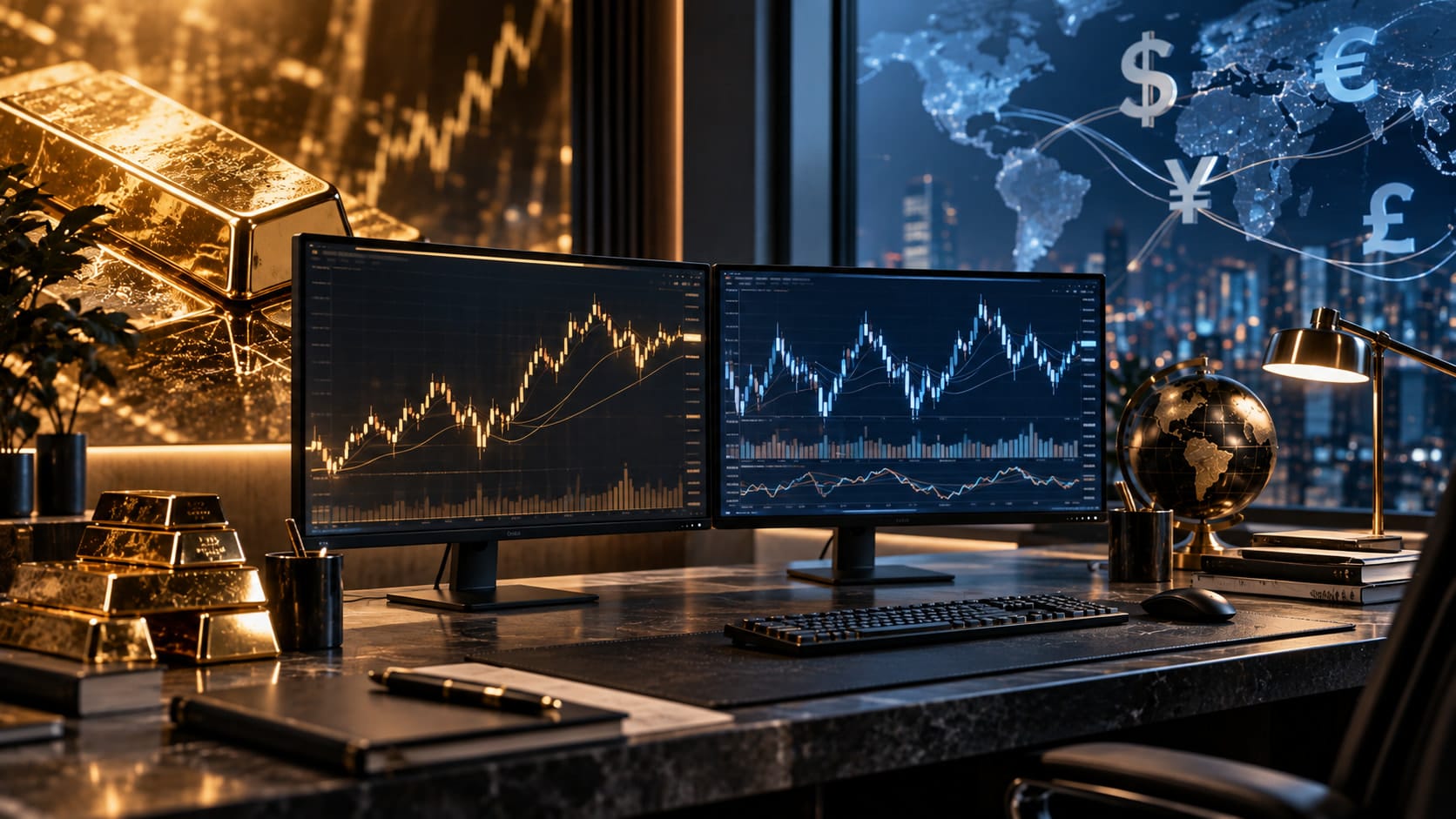 Gold bars and chart monitors in front of a window display showing a world map and currency symbols