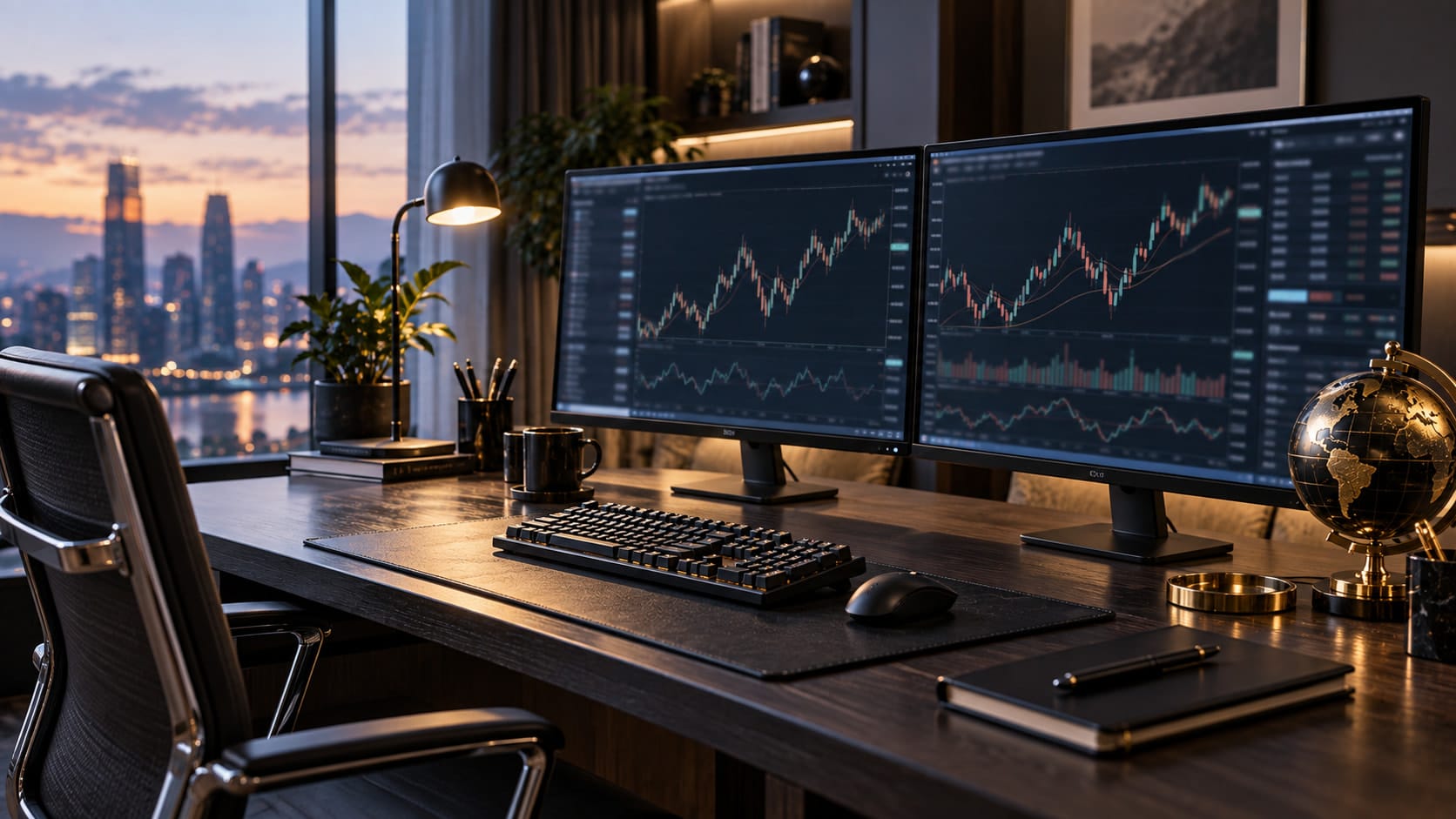 A trading desk with two monitors showing candlestick charts, a keyboard and a desk globe