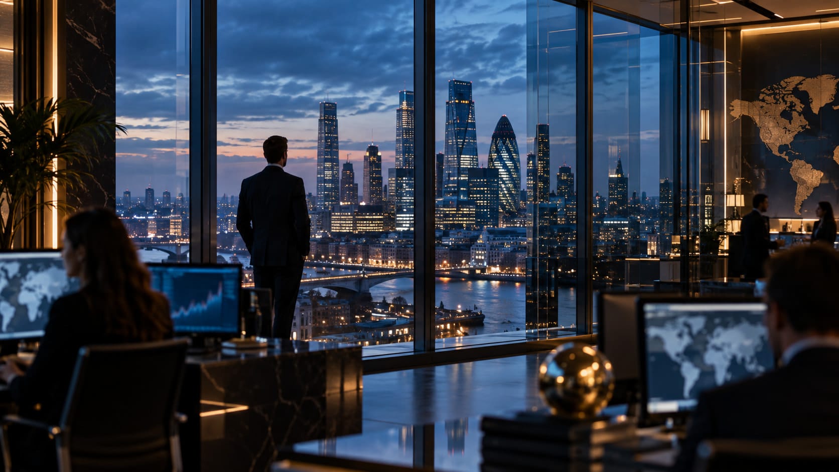 People working at computer desks in a high-rise office overlooking a city skyline at dusk