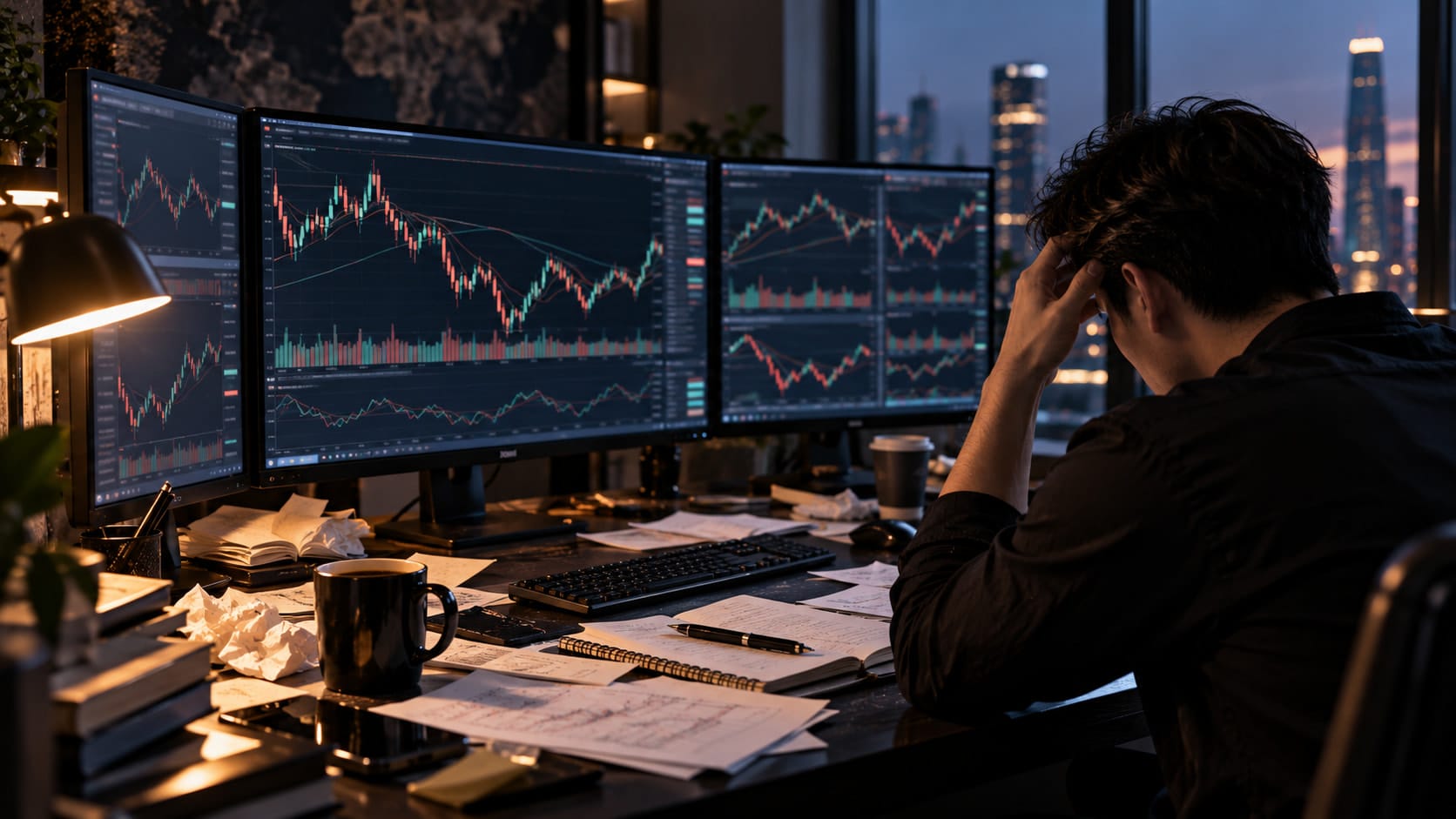 A person with a hand to their head at a desk covered in papers, in front of several chart monitors